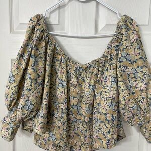Free People Floral Puff Sleeve Blouse - Blue, Yellow, Pink